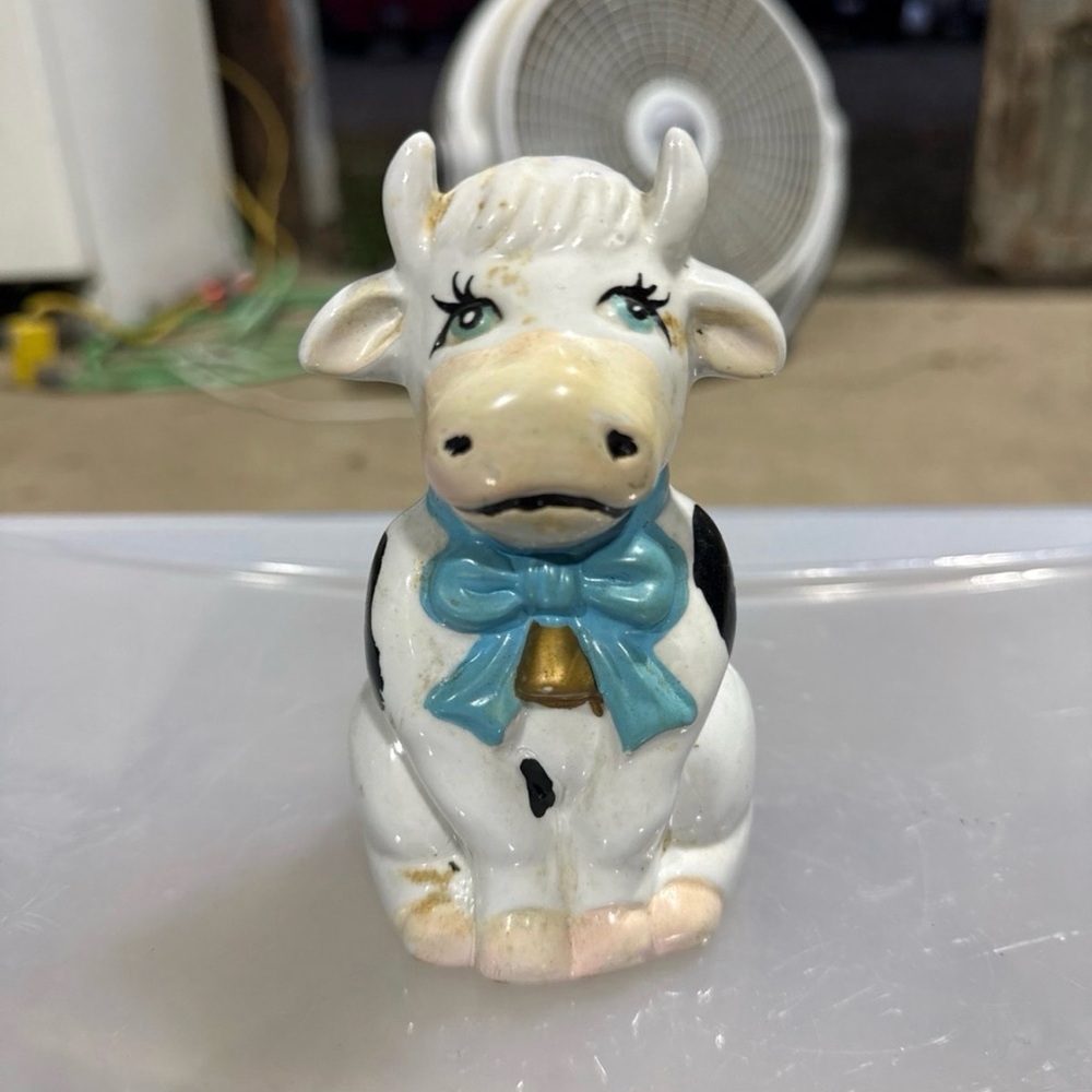 Vintage Ceramic Cow Bell Blue Bow